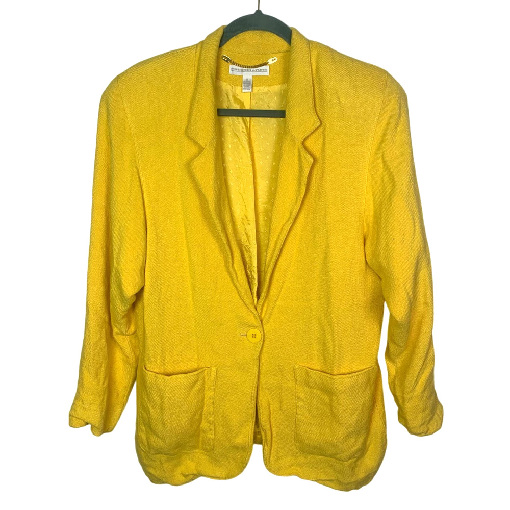 Vintage Linen Blend Yellow Oversized Blazer, Size 12